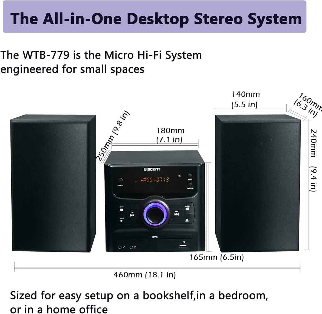 WISCENT HiFi-System Stereo-Systeme mit Bluetooth (CD-Player, DVD-Player, UKW-Radio, USB, AUX-Eingang
