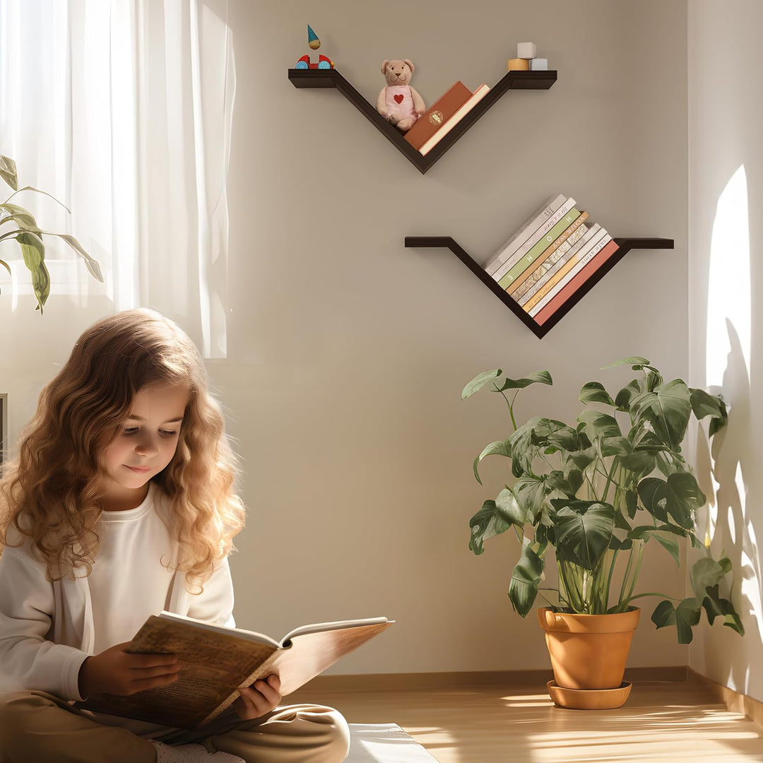 Mazjoaru Bücherregal Wandregal Holz 2er Set Wildgans-förmiges Design Schweberegale Modern V-Form Wan