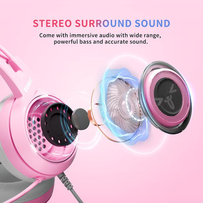 Somic G951S Rosa Gaming-Headset mit Mikrofon, Mädchen Frauen Rosa Katze Ohr-Kopfhörer mit 3,5-mm-Kab