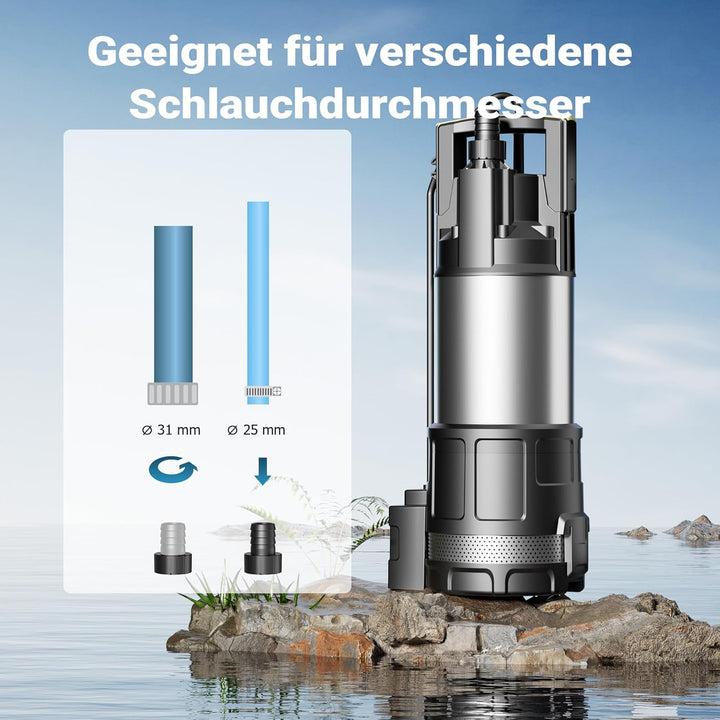 Wiltec Tauchpumpe mit Trockenlaufschutz und Schwimmerschalter 1200 W, Tiefbrunnenpumpe 6000 l/h, Was