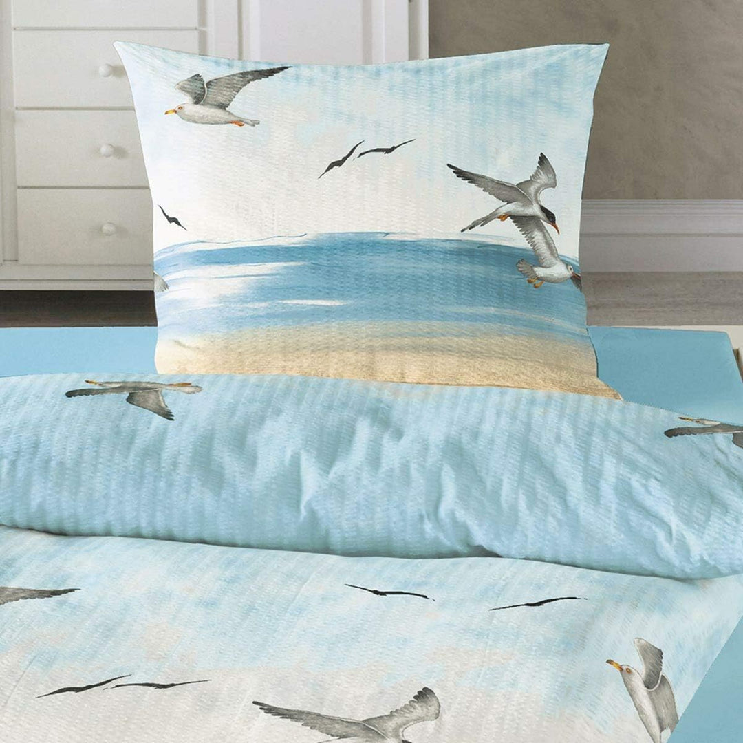 Traumschlaf Seersucker Bettwäsche Set •Bügelfrei• Maritimer Look Seemöven • mit Reissverschluss • 20