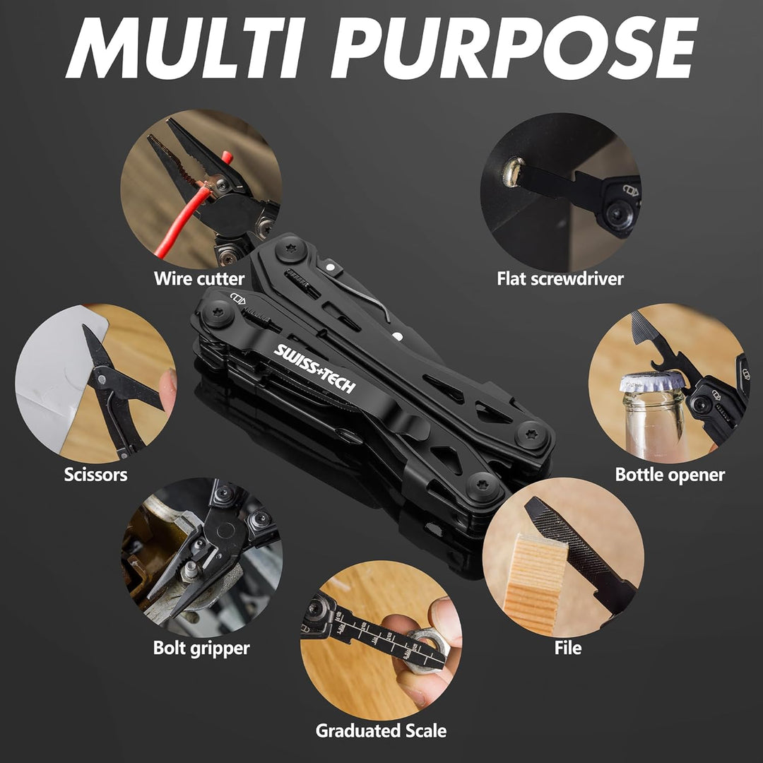 Swiss+Tech Multitool 16 in 1, Multifunktionszange Edelstahl Faltbares Multifunkstionswerkzeug Multif