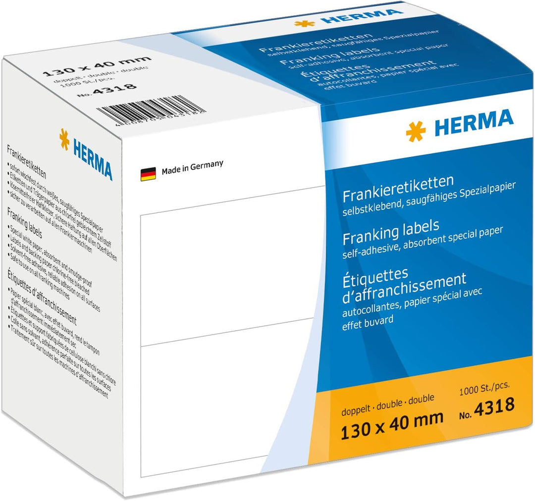 HERMA 4318 Frankieretiketten für Frankiermaschinen, doppelt, 130 x 40 mm, 1000 Stück, selbstklebend,