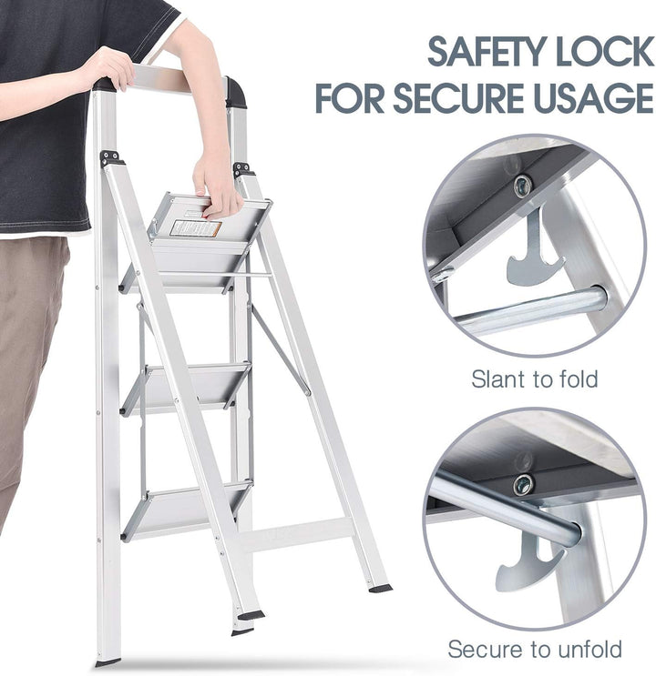 KINGRACK Stufenleiter, Trittleiter 3 Stufen, Klapptrittleiter mit Handlauf, rutschfeste Haushaltslei
