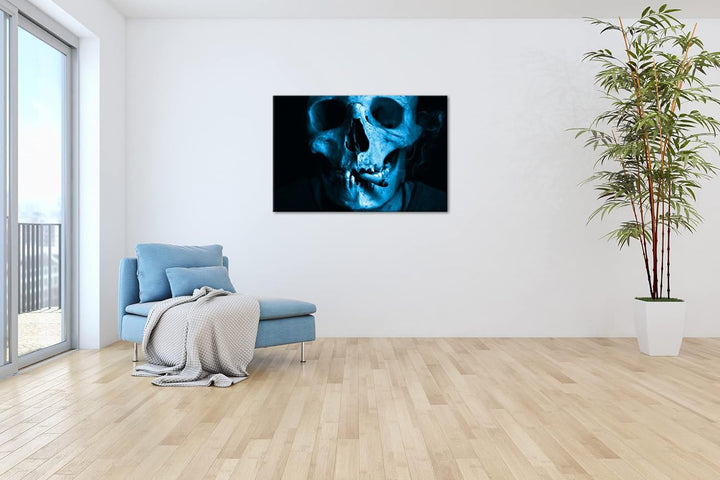 deyoli rauchender Schädel Format 80x60 Effekt: Monocrome Blau als Leinwandbild, Motiv fertig gerahmt