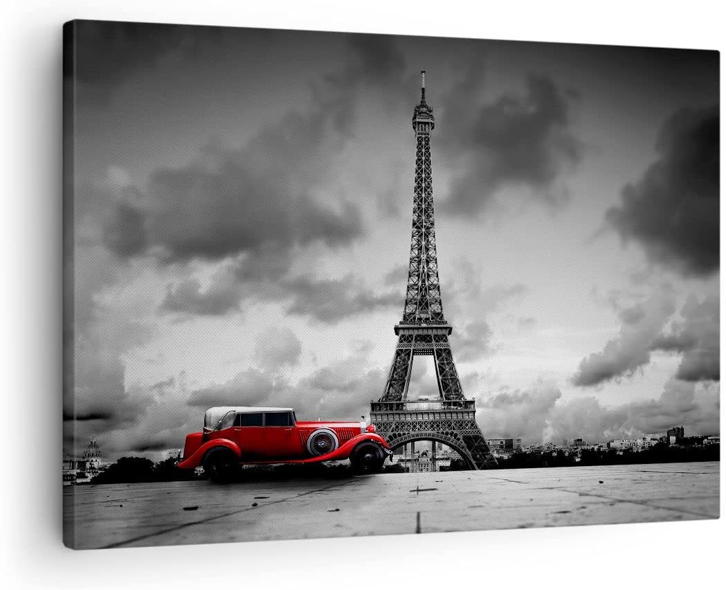 ARTTOR Bilder auf Leinwand Auto Eiffle Paris Stadt Leinwandbild 70x50cm Wandbilder Dekoration Wohnzi