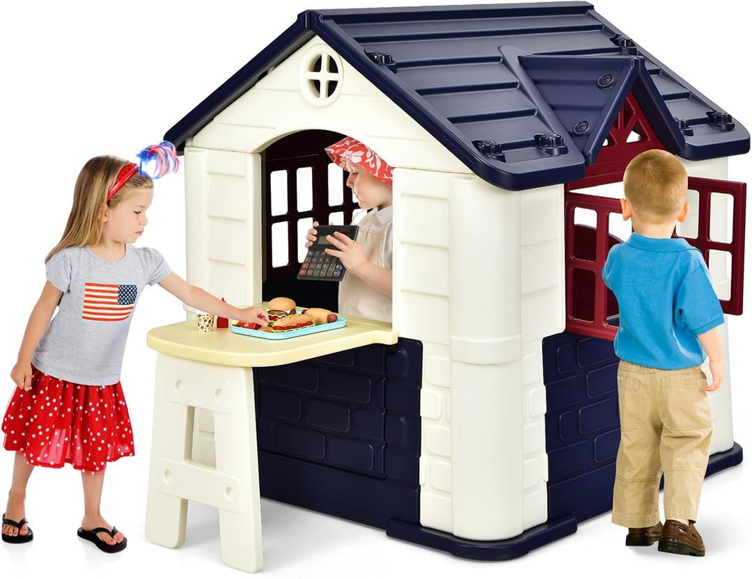 COSTWAY Kinder Spielhaus für bis zu 6 mit Pickniktisch, Türen und Fenstern, Kinderhäuschen Outdoor i