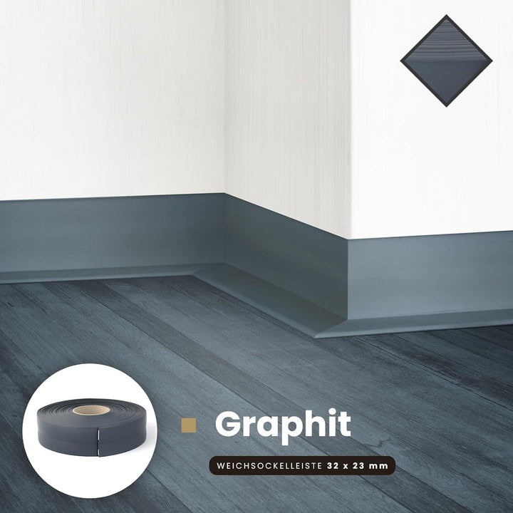DQ-PP WEICHSOCKELLEISTE | 20m | graphit | 32x23mm | PVC | selbstklebend | Knickwinkel Fussleisten Gu