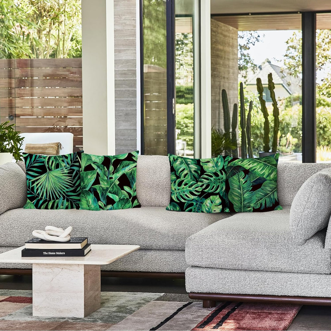 Bonhause 4er Set Kissenbezüge Blätter Tropische 45 x 45 cm Grün Pflanze Polyester Leinen Dekorative