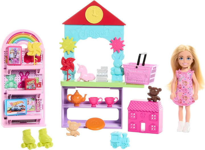 Barbie Chelsea Spielzeuggeschäft-Spielset mit Kleiner Blonder Puppe, Theke und Möbeln zum Ausstellen