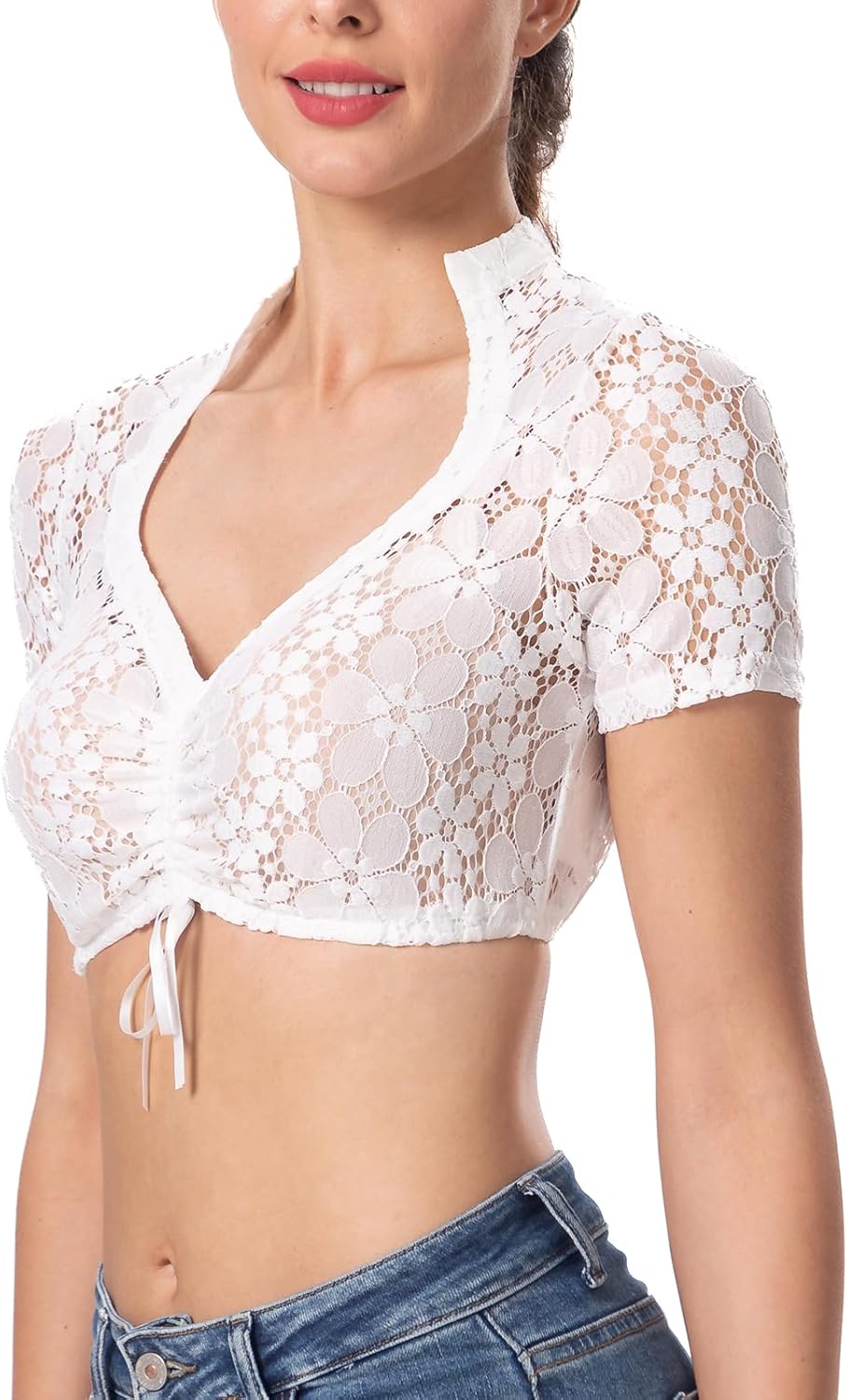 Dirndlparty Dirndlbluse Damen Schlicht, Kurzarm Dirndl Bluse Creme Spitze Trachtenbluse Oktoberfest