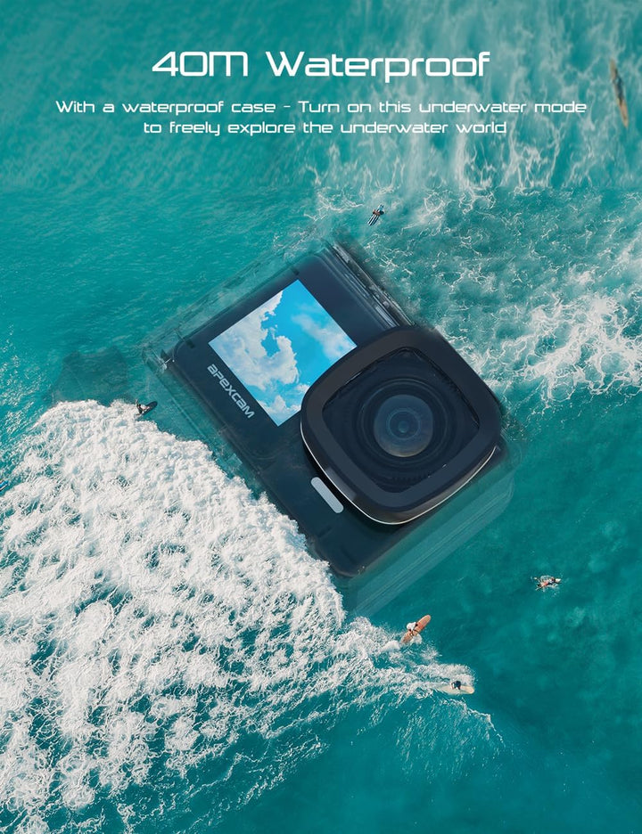 Apexcam 4K 30FPS 20MP Action Cam Dualscreen Touchscreen 40M wasserdichte Unterwasserkamera EIS Stabi
