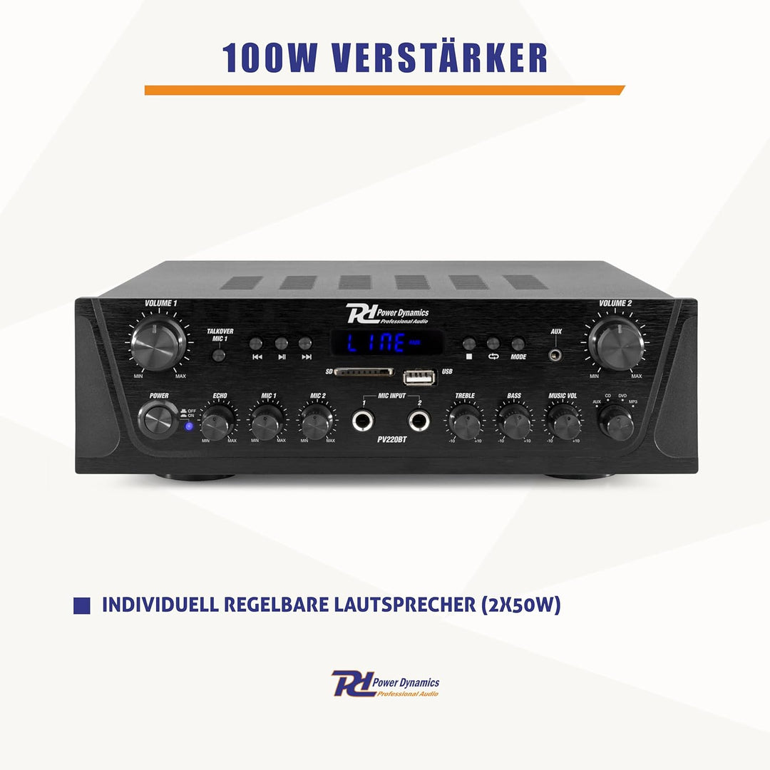 Power Dynamics PV220BT 2 Zonen Verstärker, 200 Watt Bluetooth Receiver, MP3-Player, UKW Radio, USB,