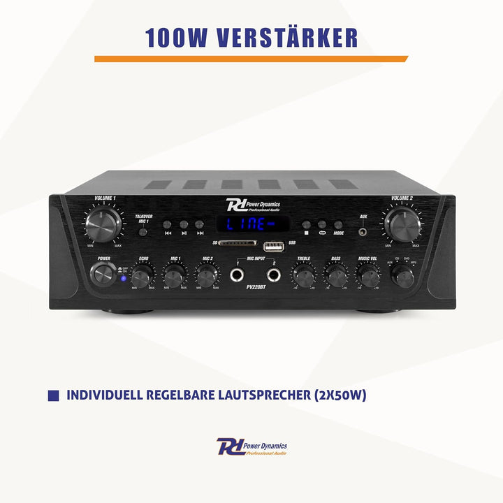 Power Dynamics PV220BT 2 Zonen Verstärker, 200 Watt Bluetooth Receiver, MP3-Player, UKW Radio, USB,