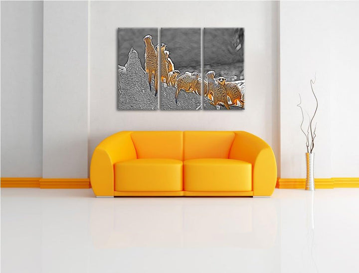 grosse liebevolle Erdmännchenfamilie schwarz/weiss Deluxe 3-Teiler Leinwandbild 120x80 Bild auf Lein