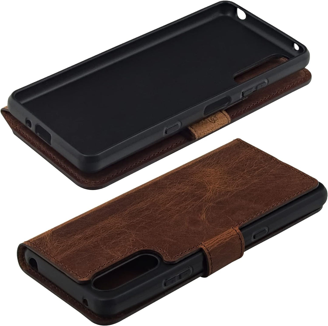 Suncase Book-Style Hülle kompatibel mit Sony Xperia 10 IV (2022) Leder Tasche (Slim-Fit) Lederhülle
