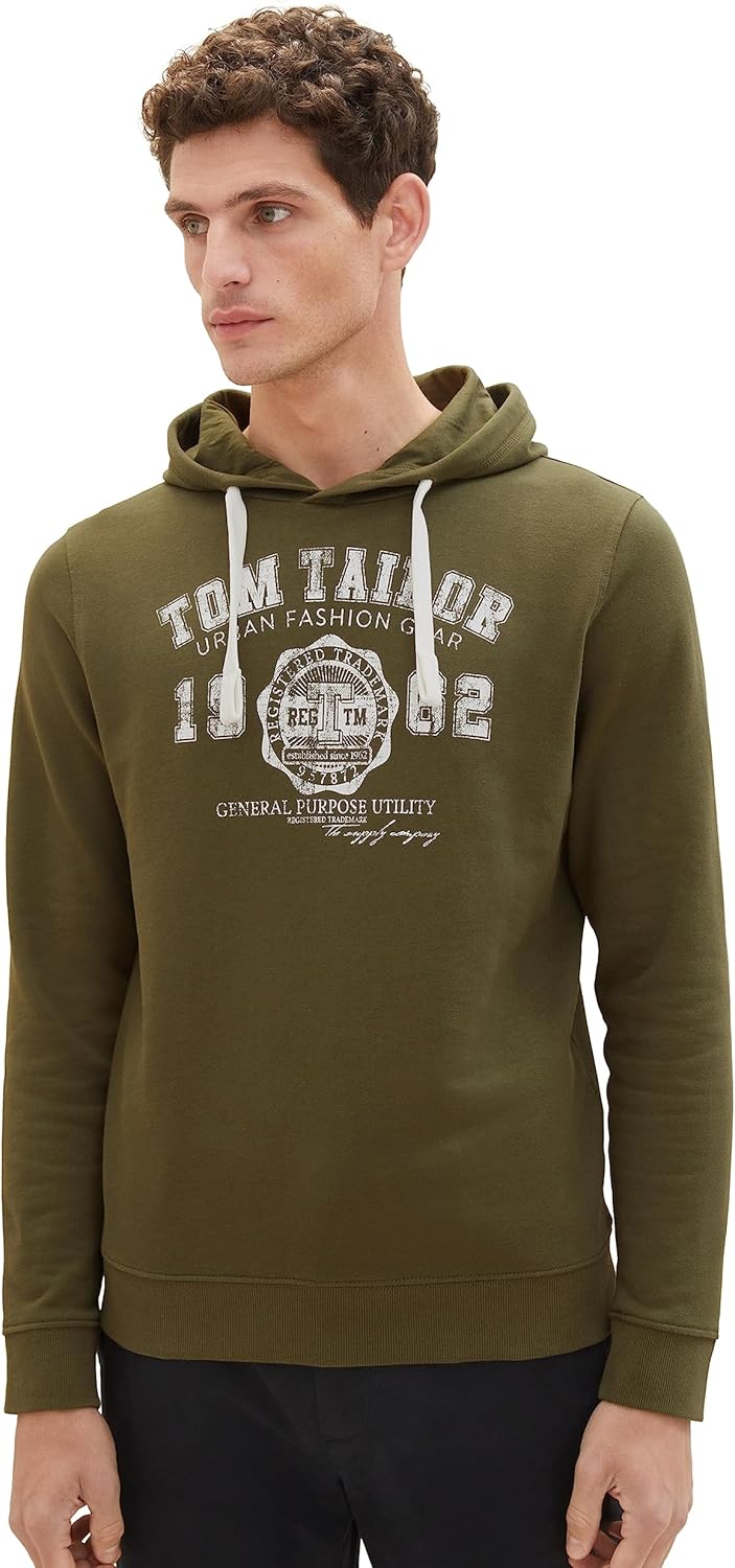 TOM TAILOR Herren Basic Hoodie Sweatshirt mit Logo-Print L 13050 - Olive Night Green, L 13050 - Oliv