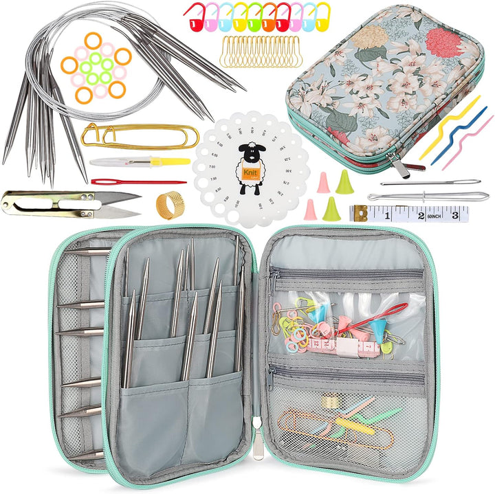 Coopay Edelstahl Rundstricknadel Set mit Etui, 9 Stück Rundstricknadeln 80cm mit Nadellehre und Häke