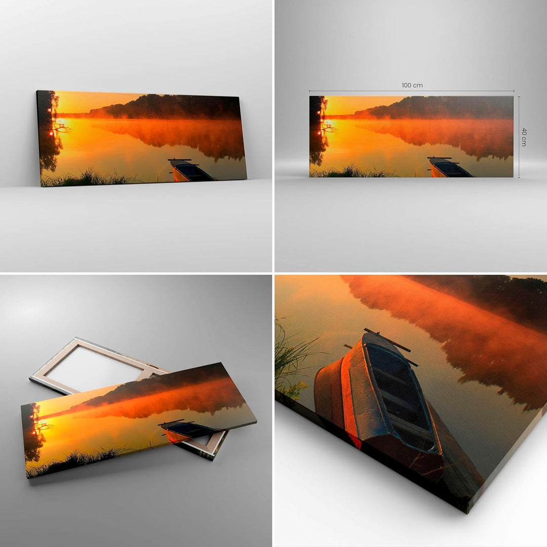 Panorama Bilder auf Leinwand 100x40cm Leinwandbild Morgen Nebel See Landschaft Gross Wanddeko Bild S