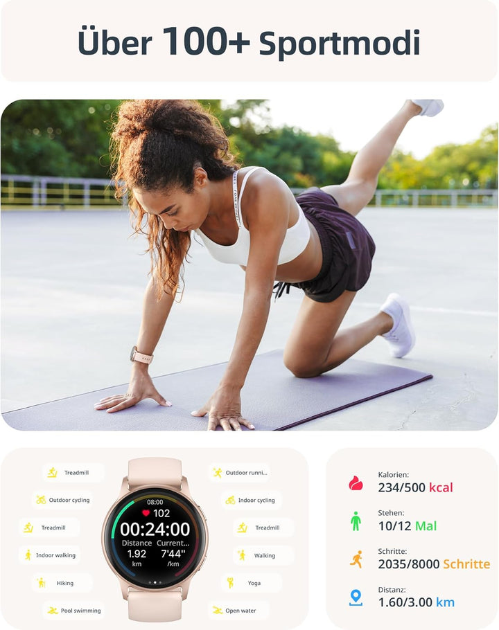Smartwatch Damen mit Telefonfunktion, 5ATM Wasserdicht Schwimmuhr, 44 mm Fitnessuhr Damen mit 100+ S