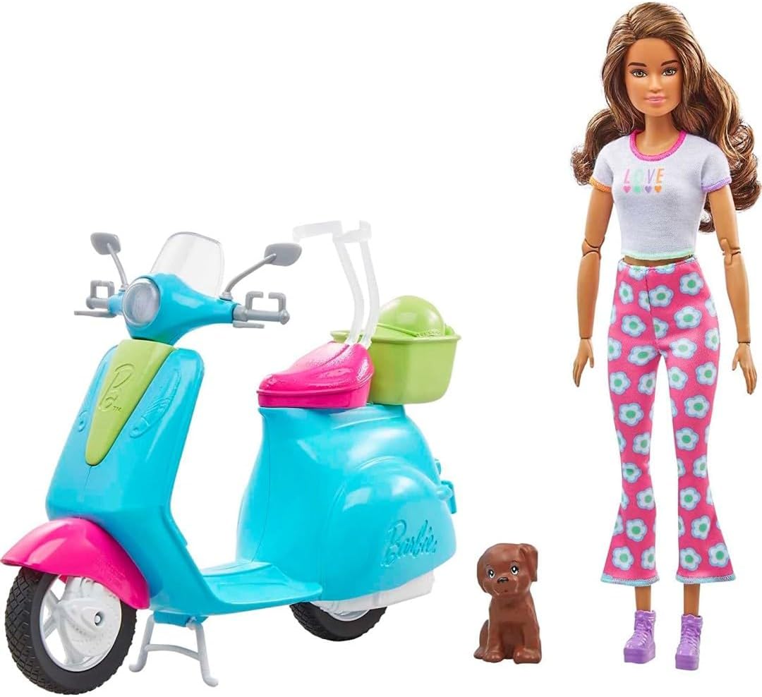 Barbie Fashionistas Puppe und Roller, Reise-Spielset mit Aufklebern, Haustierwelpe und themenbezogen
