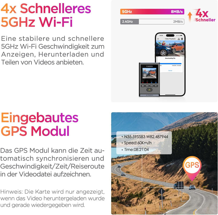 VIOFO Dashcam A119 Mini 2, Front 2,7K 5GHz Wi-Fi, 2K 60fps/HDR 30fps Sprachsteuerung, STARVIS 2 Verb