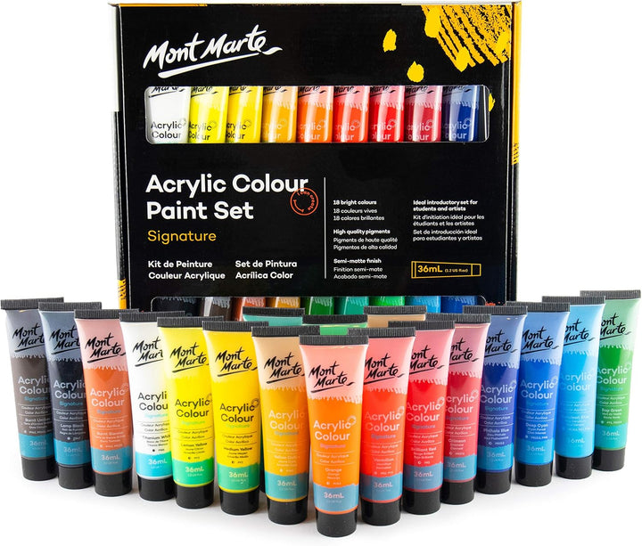 Mont Marte Acrylfarben Set Premium โ 18 x 36ml โ Ideal fรผr Acrylmalerei โ Brillante Lichtechte Farbe