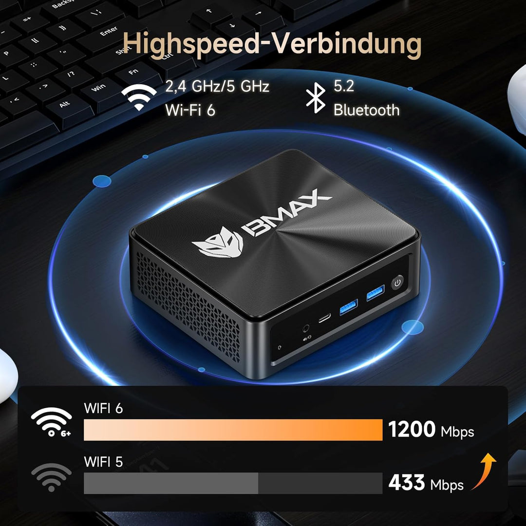 BMAX Mini PC, AMD Ryzen 7 5700U (8C/16T, bis zu 4,3 GHz), Mini-Computer 16 GB DDR4 512 GB NVMe SSD,