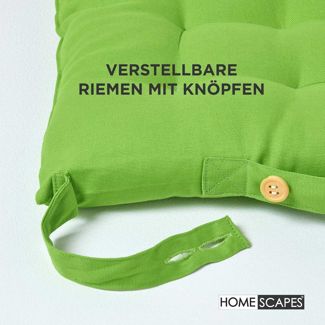 HOMESCAPES 4er Set Stuhlkissen 40 x 40 cm, grün, Sitzkissen mit Bändern und Knopfverschluss, einfarb