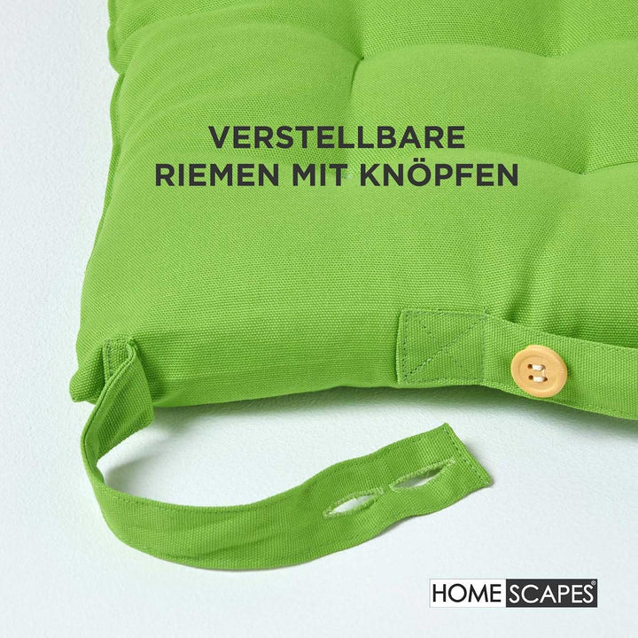 HOMESCAPES 4er Set Stuhlkissen 40 x 40 cm, grün, Sitzkissen mit Bändern und Knopfverschluss, einfarb