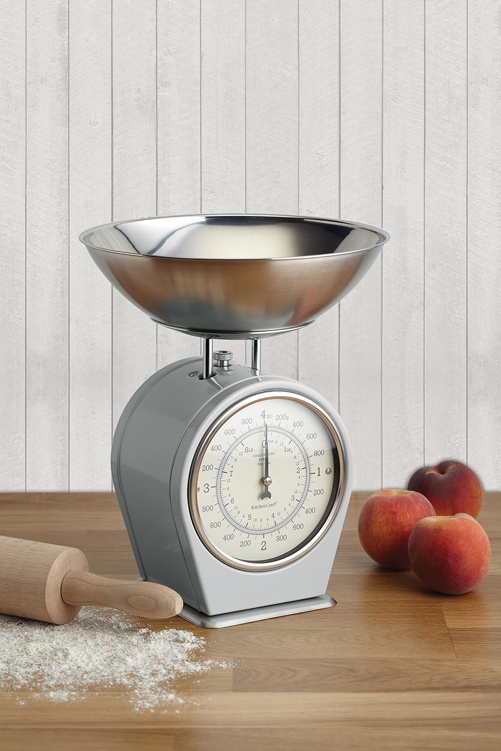 KitchenCraft Mechanische Küchenwaage, Waage im Vintage-Stil mit abnehmbarer Edelstahl-Wägeschale, Li