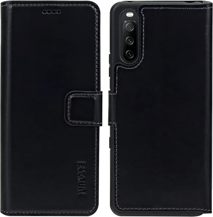 Suncase Book-Style Hülle kompatibel mit Sony Xperia 10 III 3 (2021) Leder Tasche (Slim-Fit) Lederhül