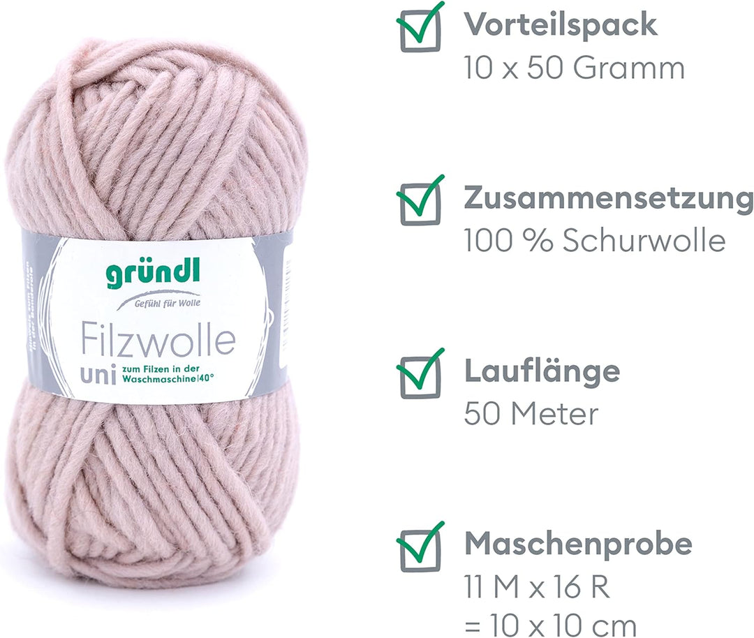 Gründl Filzwolle uni (Wolle zum Filzen, Stricken und Häkeln, Garn aus 100 % Schurwolle, 50 g / 50 m,