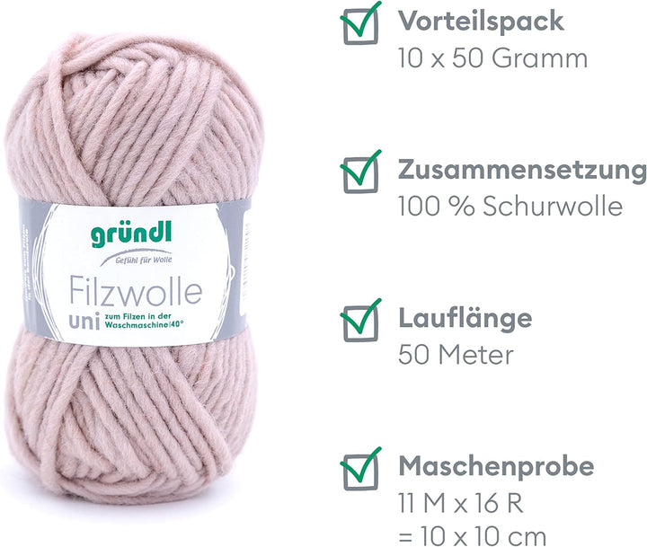 Gründl Filzwolle uni (Wolle zum Filzen, Stricken und Häkeln, Garn aus 100 % Schurwolle, 50 g / 50 m,
