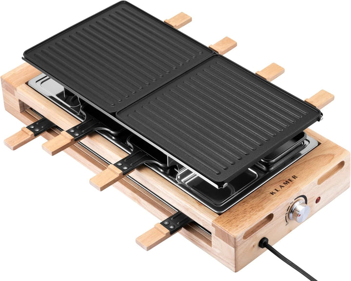 KLAMER Raclette 8 Personen, 1500W Raclette Grill mit Holzgestell, Raclette mit antihaftbeschichteter