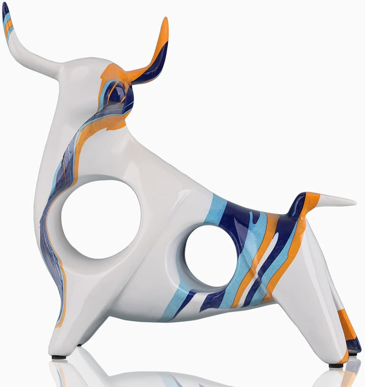 Stierstatue aus Kunstharz in Blau-Orange, minimalistische, vollfarbige Stierfigur, Originalität, abs