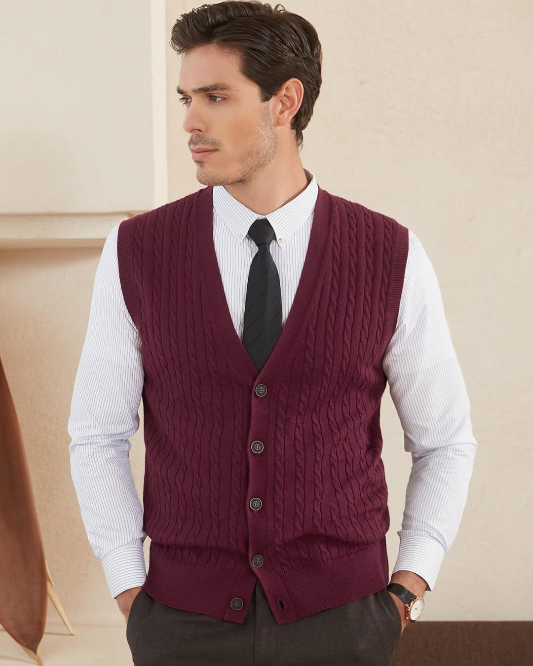 Kallspin Herren Strickweste Ärmellos Cardigan Wollmischung mit Zopfmuster und Knöpfen S Burgund, S B