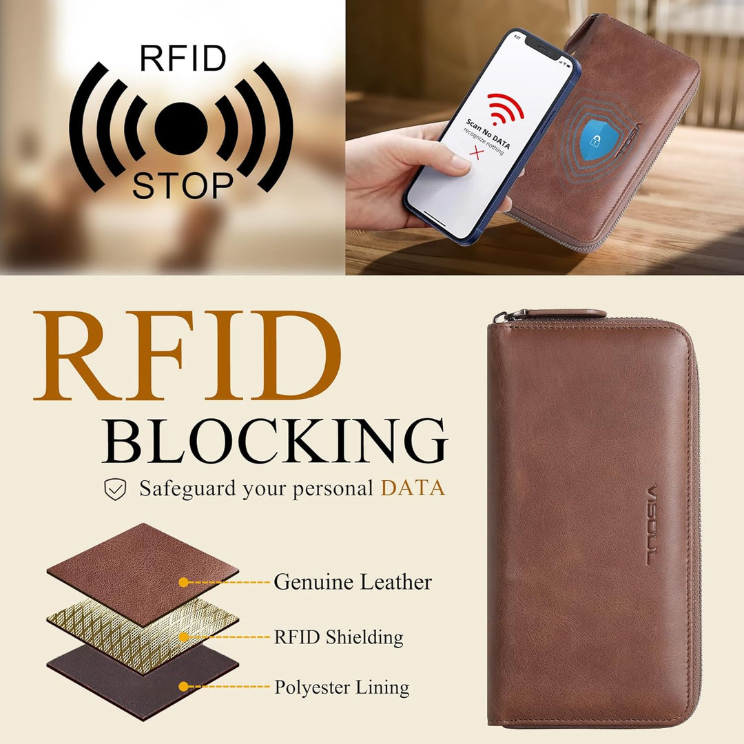 VISOUL Geldbörse aus echtem Leder, lange Geldbörse mit Reissverschluss, für Herren, mit RFID-Blockie