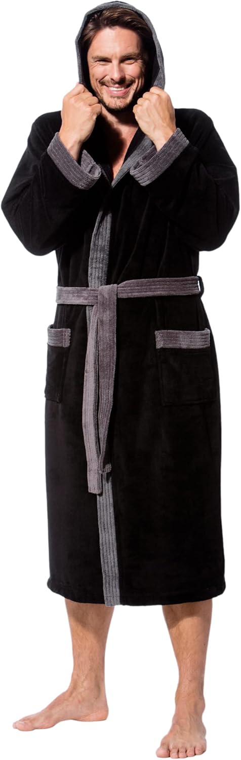Morgenstern Bademantel Herren mit Kapuze Luxus Frottee Velours Lang M Schwarz, L