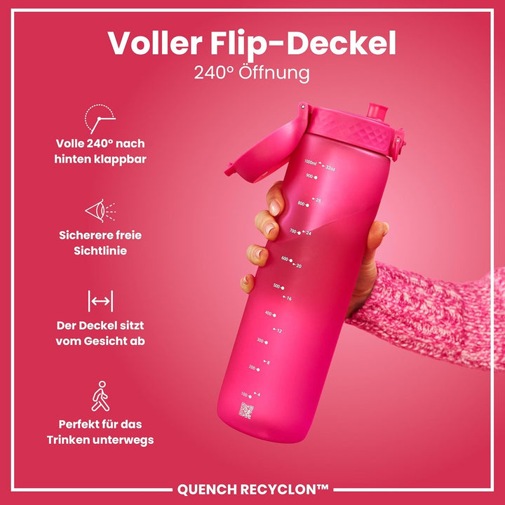 Ion8 1 Liter Trinkflasche, 1000ml, Auslaufsicher, Einhandöffnung, Sichere Verriegelung, Spülmaschine