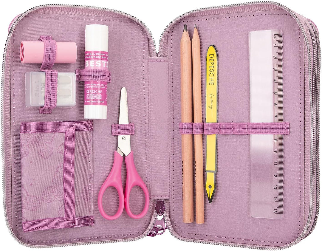 Depesche 12775 TOPModel Fairy Love - Gefüllte 3-Fach Federtasche in Mauve mit Model-Motiv und Schmet