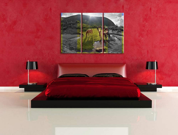 fressende Pferdeherde im Gebirge schwarz/weiss 3-Teiler Leinwandbild 120x80 Bild auf Leinwand, XXL r