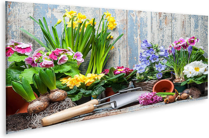 islandburner Bild auf Leinwand Blumengarten Bunte Blumen Töpfe Erde Vor Holzwand Bilder Wandbilder P