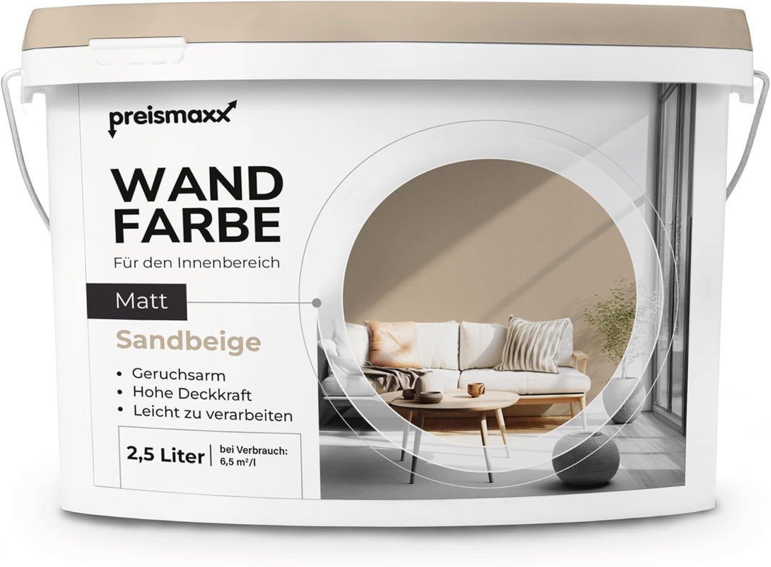 Preismaxx Profiweiss Wandfarbe Beige 2,5L, hohe Deckkraft, Dispersionsfarbe innen, Innenfarbe Sandbe