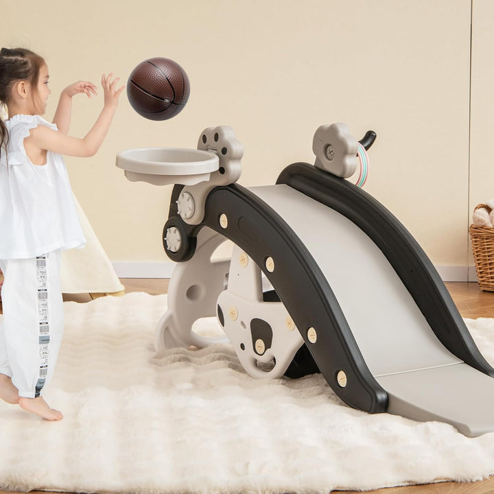 COSTWAY 5 in 1 Kinder Rutsche, Schaukelpferd, Kinderrutsche mit Basketball & Ringspiel für Kinder vo