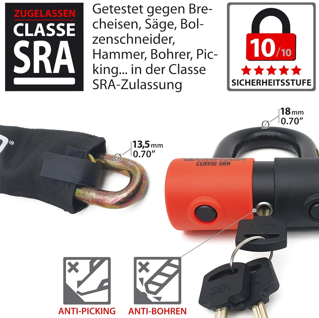 KRASER KR50120 Kettenschloss Schloss Motorrad-Scheibensperre gegen Diebstahl Mini U ø18 + Kette 120