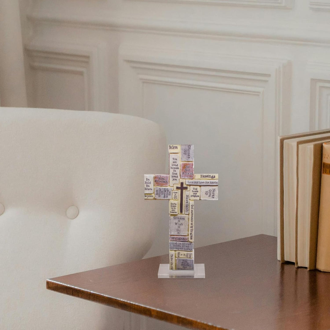 HOMSFOU Acryl Kreuz Figur Tischdeko Kruzifix Stehend Kinderkreuz Stehkreuz Tischkreuz Standkreuz Mot