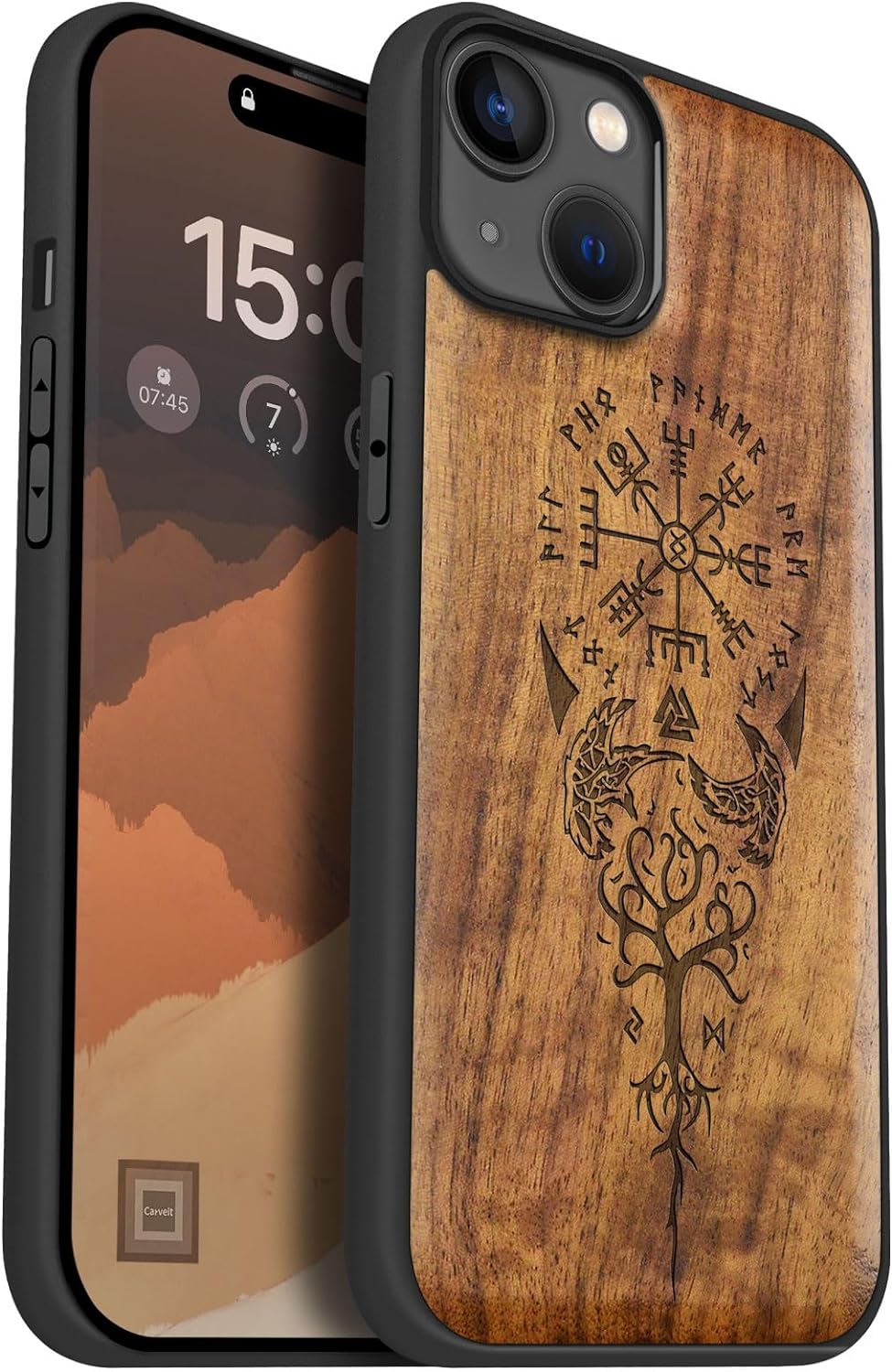 Carveit Holz Handyhülle für iPhone 15 Plus hülle, Kompatibel mit Magsafe Silikon Stossfeste Cover, M