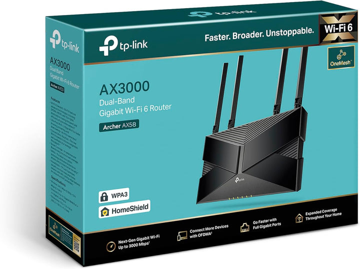 TP-Link Archer AX58 Wi-Fi 6 WLAN Router, Dualband AX3000, 5 Gigabit-Ports, WPA3, Kindersicherung, Ga