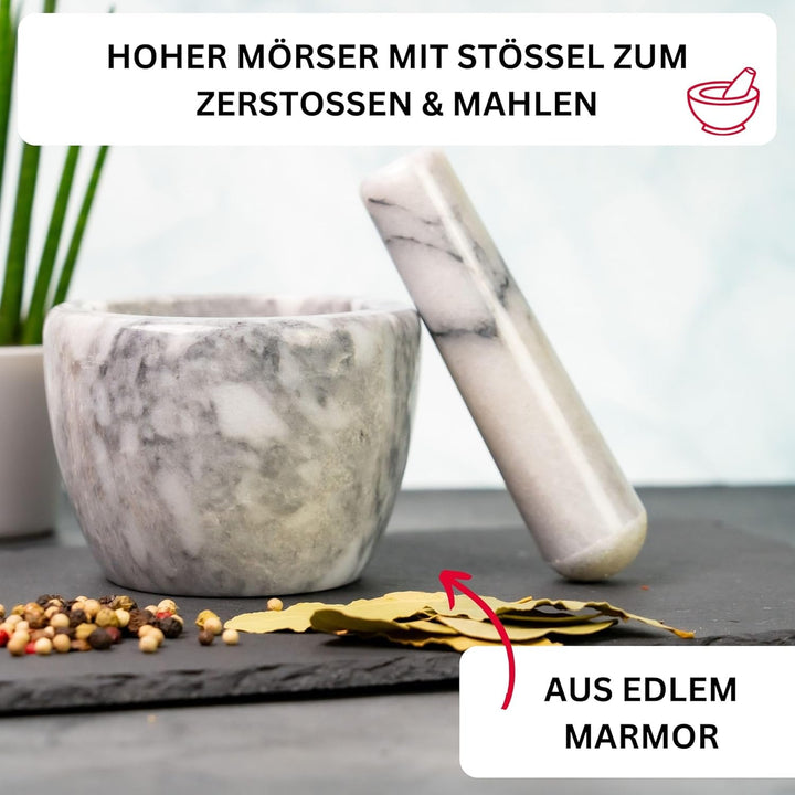 Westmark Mörser mit Stössel aus Marmor, Hoch, Innendurchmesser: ca. 7,5 cm, Gourmet, Weiss/Grau, 695